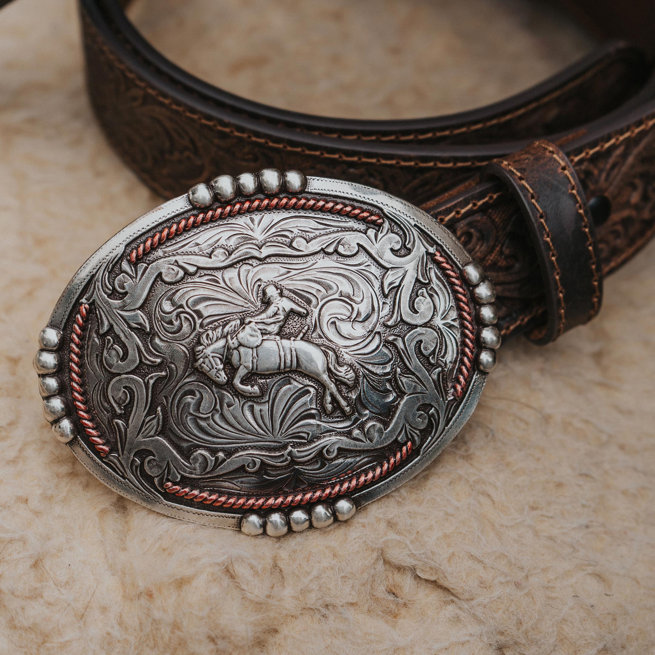 Vtg Bronc Riding Handcrafted Silver Belt Buckle with on sale Fancy Engraving w/ Red Sets