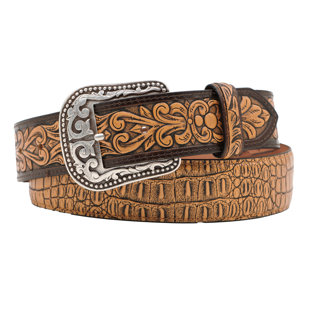 1 1/2&quot; Exotic Alligator Print with Tooled Billets Belt