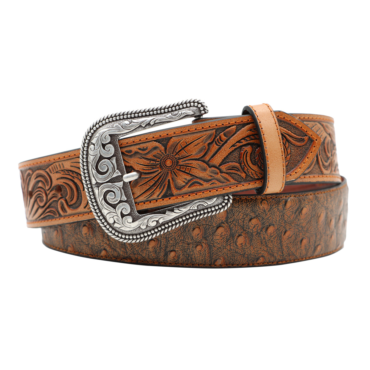 1 1/2&quot; Exotic Ostrich Print with Tooled Billets Belt