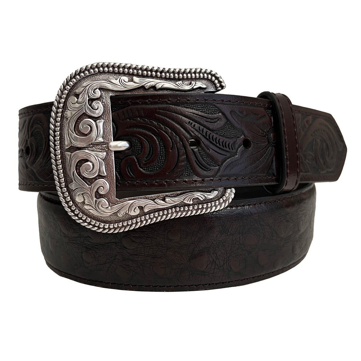 1 1/2&quot; Exotic Ostrich Print with Tooled Billets Belt