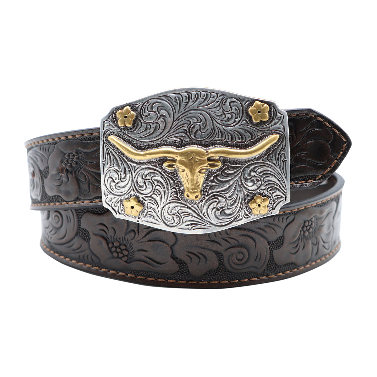 Kids&#39; 1 1/4&quot; Longhorn and Flowers Buckle with Tooled Belt